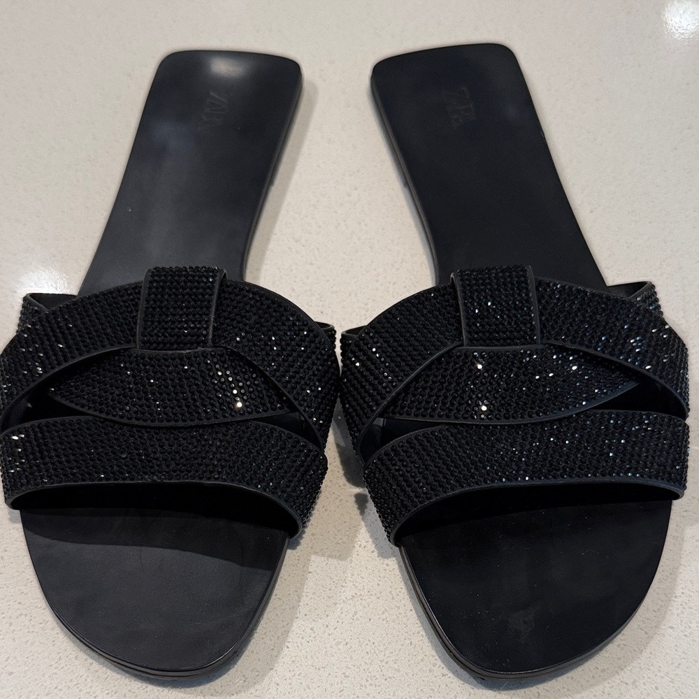 Zara Black Sparkle Slide Sandals